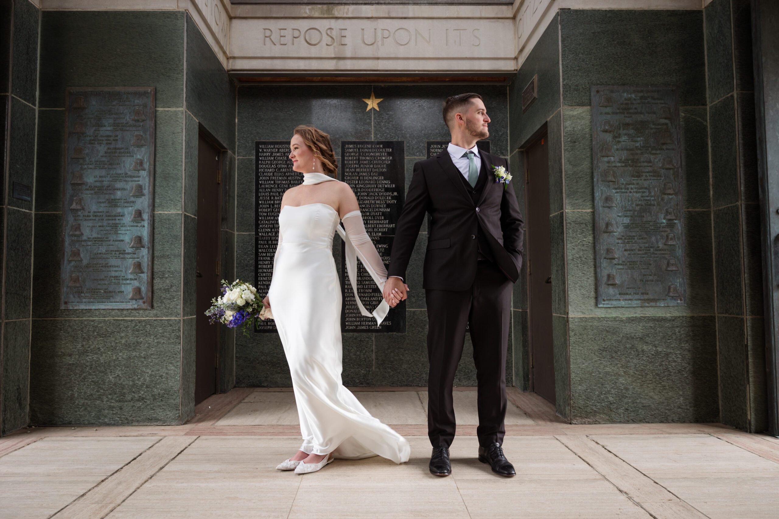 bride and groom wedding portrait in the Campanili at KU Campus in Lawrence Kansas